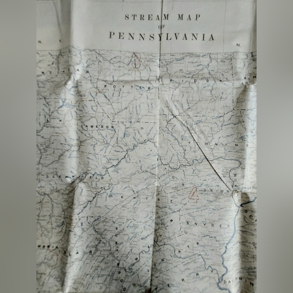 Antique 1930 Stream Map of Pennsylvania PA 35" x 57" Color Map Poster - Picture 5 of 9